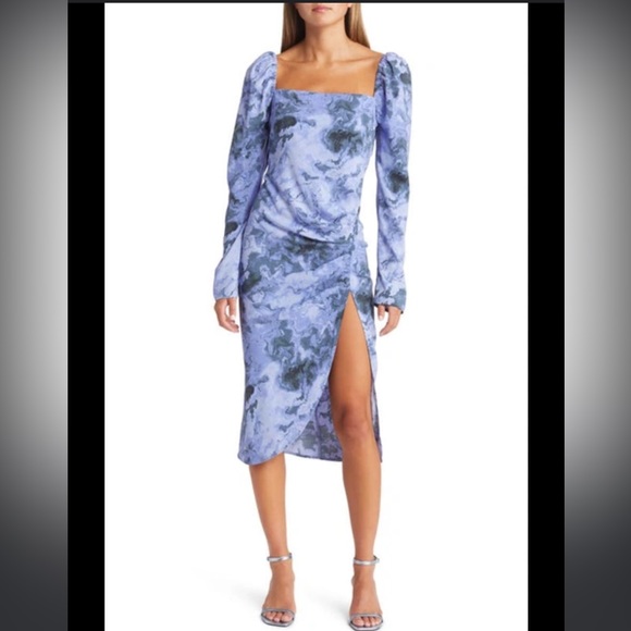 Open Edit - Marbled Long Sleeve Midi Dress In Blue Geode Marble - Picture 1 of 6